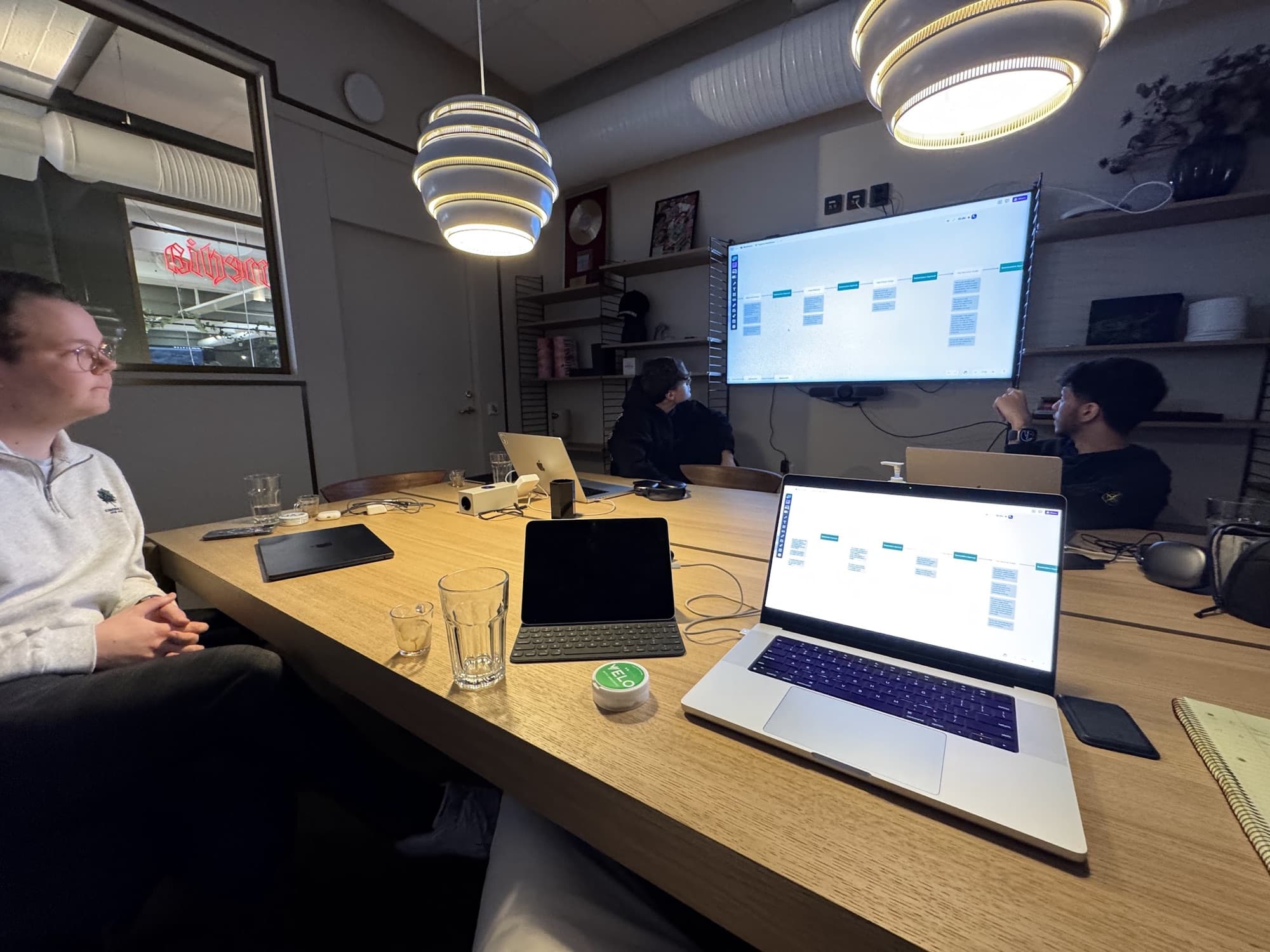 The team in a working session, mapping a process on the wall screen